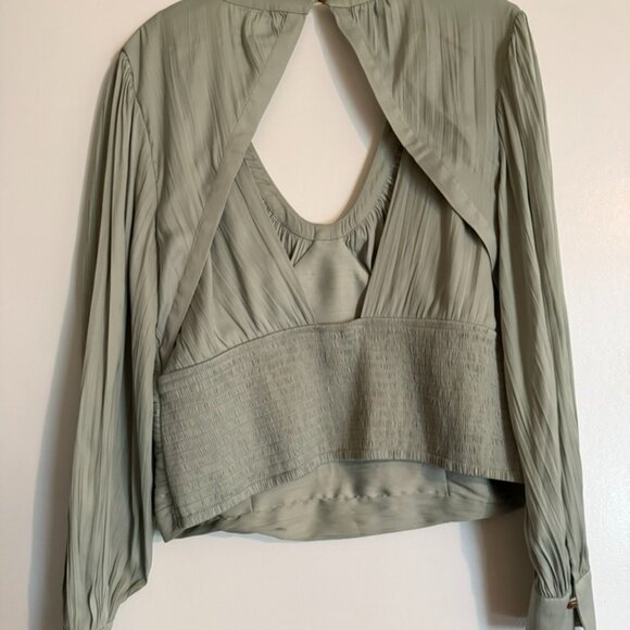NWT Anthropologie Sage Green Blouson Open Back Satin Top | Petites L Cottagecore - Picture 8 of 8